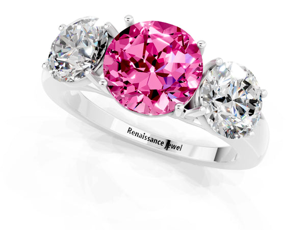 Platinum Round Cut Pink Sapphire Three-Stone Ring with Four-Prong Setting and Classic Band