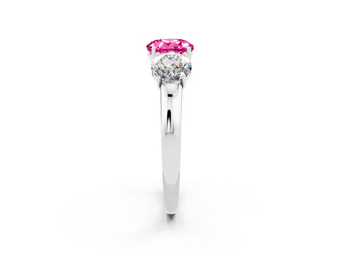 White gold Round Cut Pink Sapphire Three-Stone Ring with Four-Prong Setting and Classic Band_2