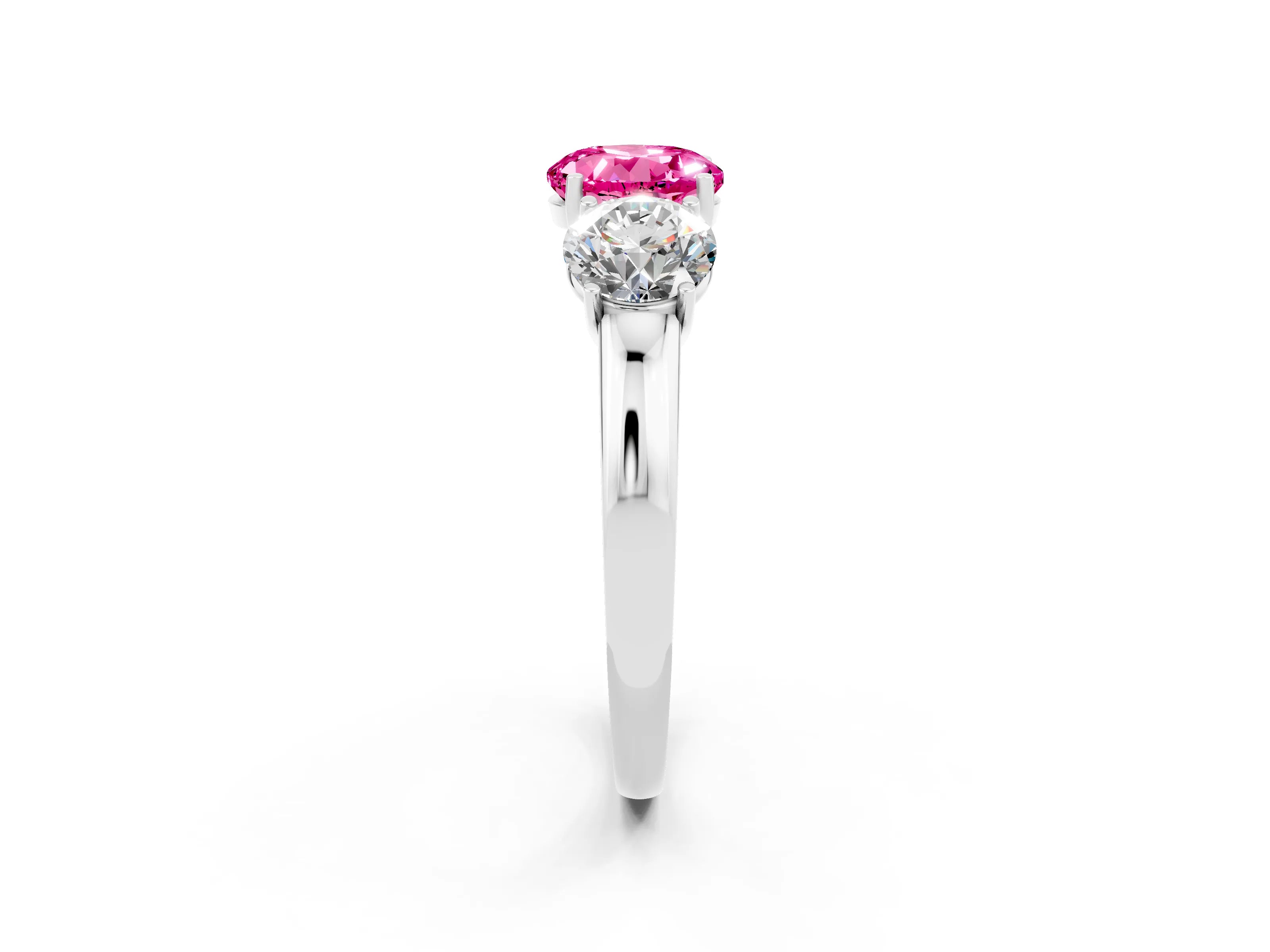 White gold Round Cut Pink Sapphire Three-Stone Ring with Four-Prong Setting and Classic Band_2