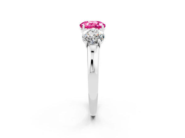 White gold Round Cut Pink Sapphire Three-Stone Ring with Four-Prong Setting and Classic Band