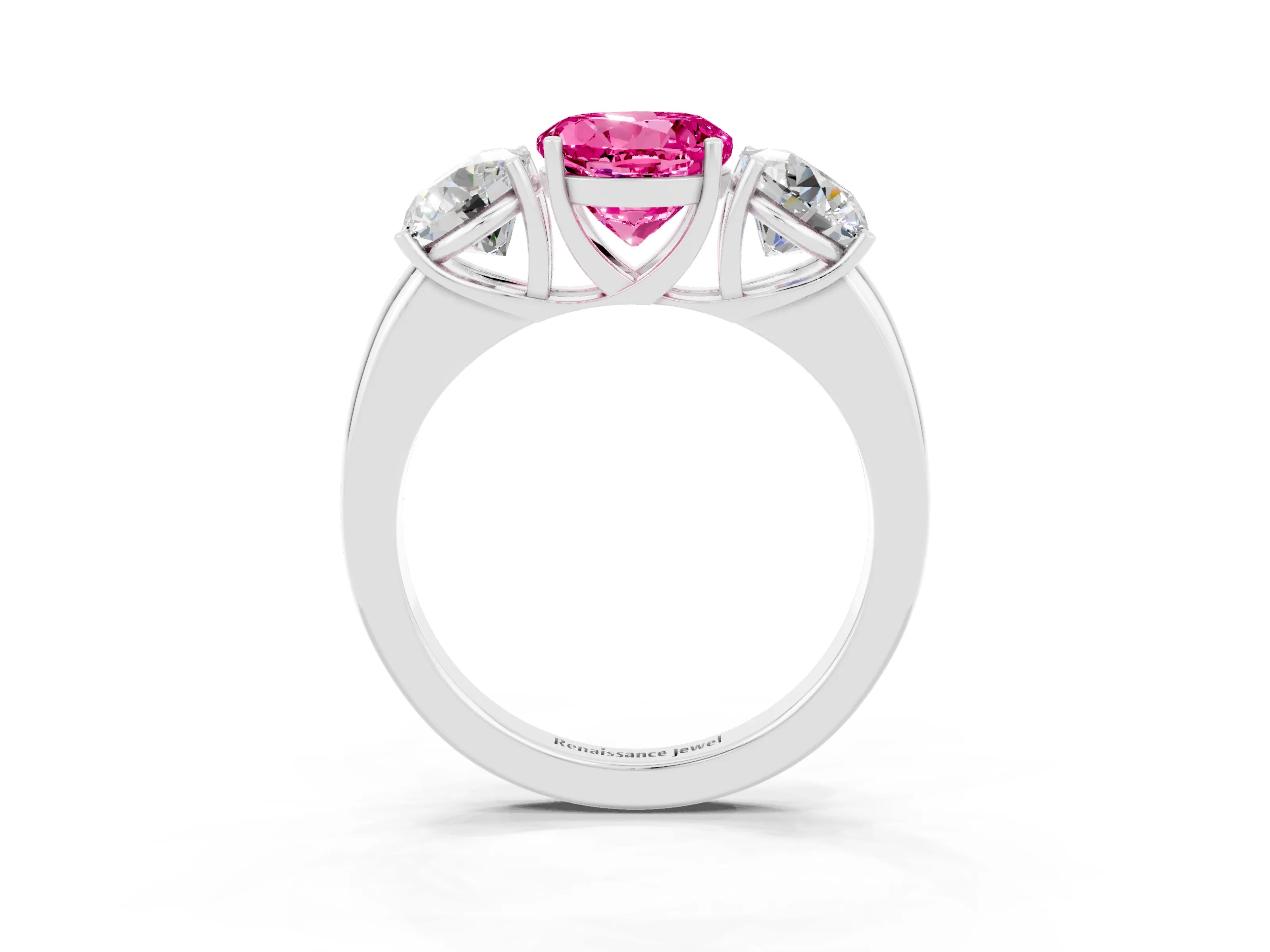 White gold Round Cut Pink Sapphire Three-Stone Ring with Four-Prong Setting and Classic Band_3
