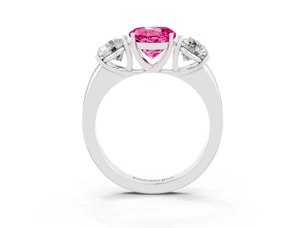 White gold Round Cut Pink Sapphire Three-Stone Ring with Four-Prong Setting and Classic Band