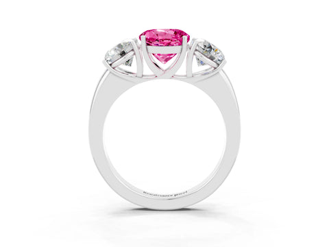 White gold Round Cut Pink Sapphire Three-Stone Ring with Four-Prong Setting and Classic Band_3