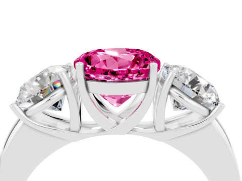 White gold Round Cut Pink Sapphire Three-Stone Ring with Four-Prong Setting and Classic Band_4