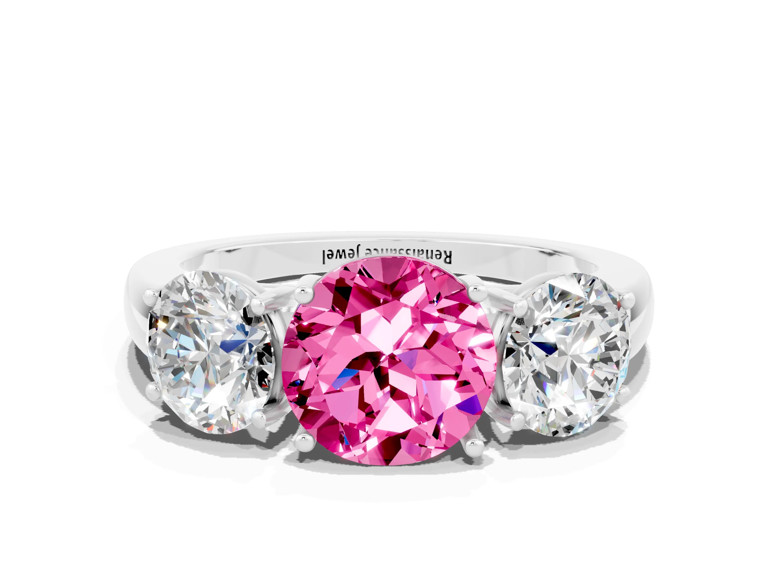 White gold Round Cut Pink Sapphire Three-Stone Ring with Four-Prong Setting and Classic Band
