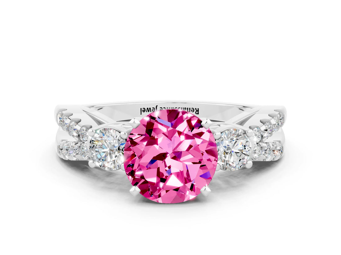 White gold Round Cut Pink Sapphire Three-Stone Ring with Pavé Split Shank and Four-Prong Setting_24