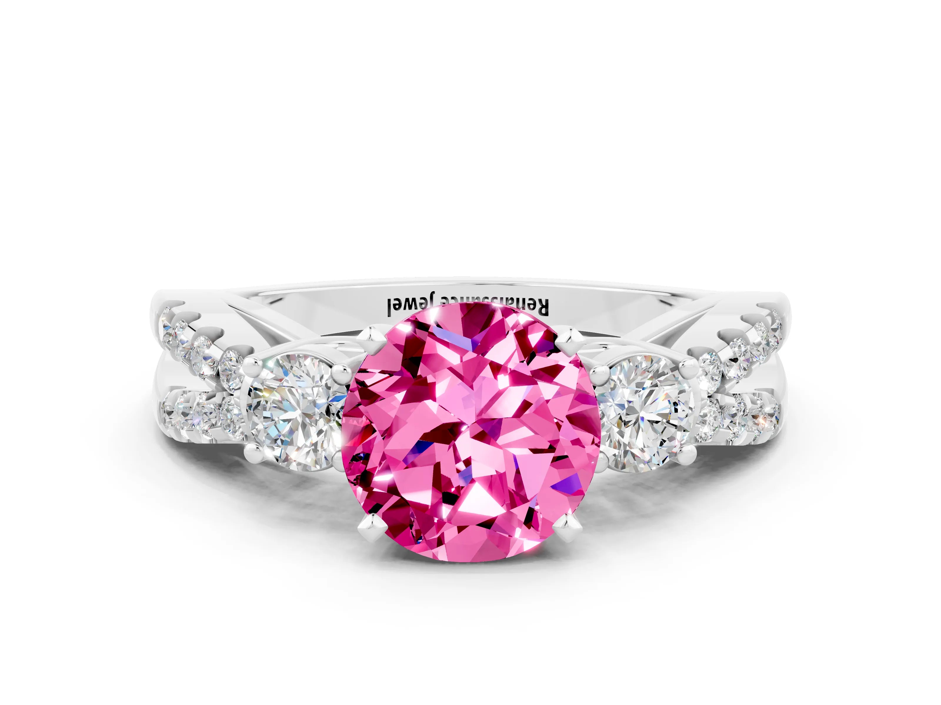 White gold Round Cut Pink Sapphire Three-Stone Ring with Pavé Split Shank and Four-Prong Setting_24