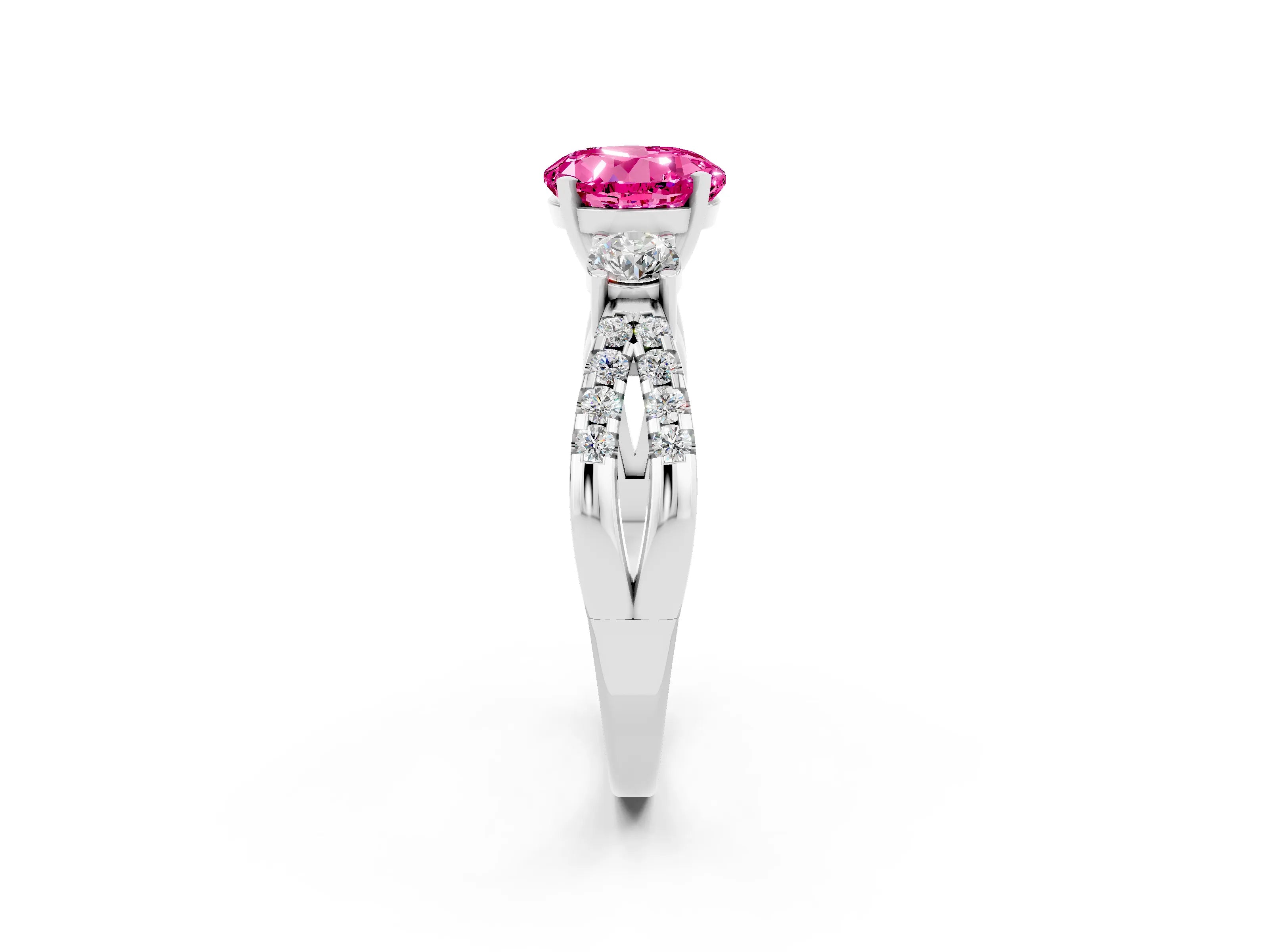 White gold Round Cut Pink Sapphire Three-Stone Ring with Pavé Split Shank and Four-Prong Setting_26