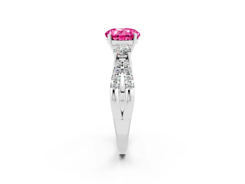 White gold Round Cut Pink Sapphire Three-Stone Ring with Pavé Split Shank and Four-Prong Setting_26