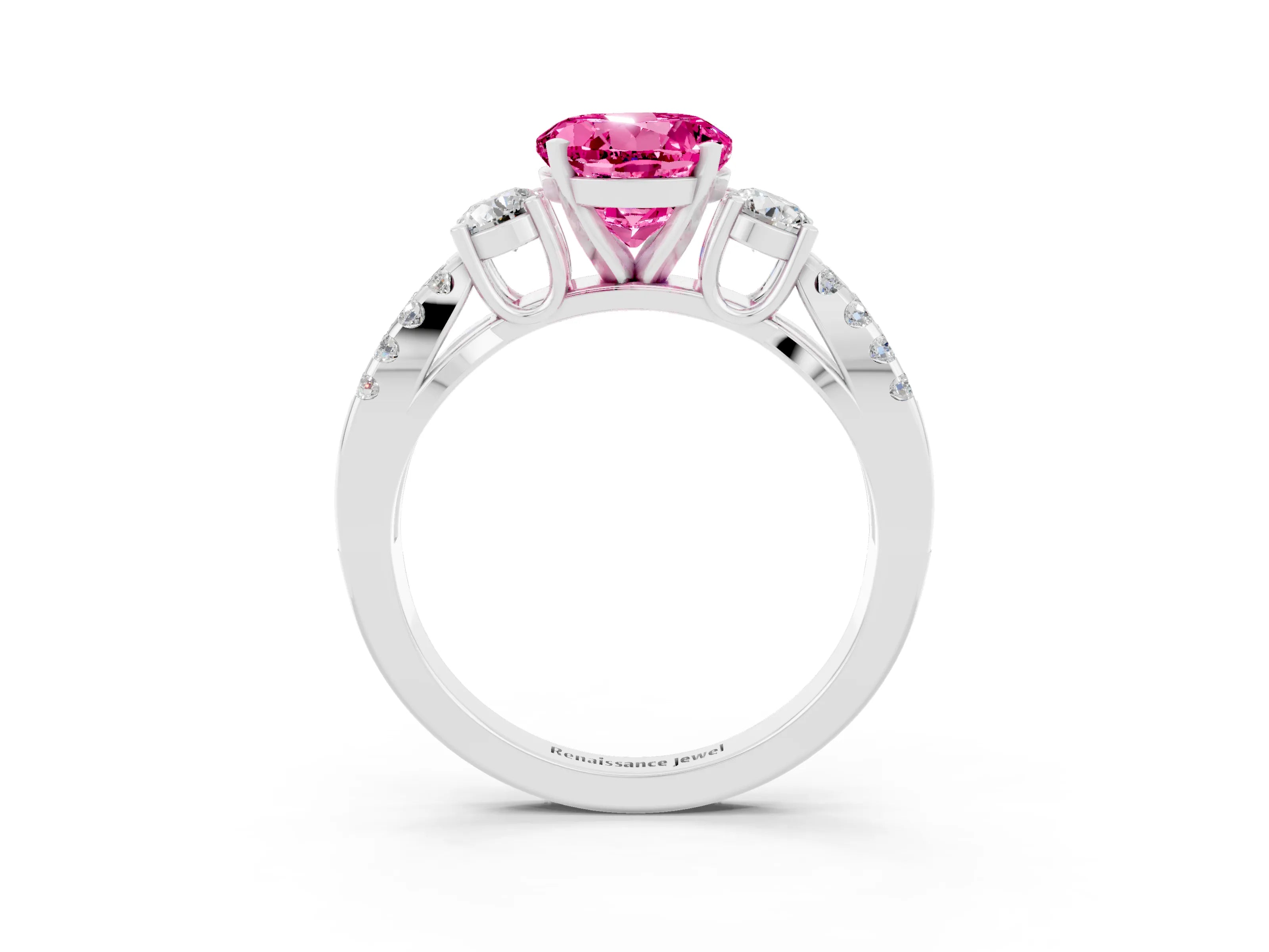 White gold Round Cut Pink Sapphire Three-Stone Ring with Pavé Split Shank and Four-Prong Setting_27