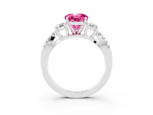 Silver Round Cut Pink Sapphire Three-Stone Ring with Pavé Split Shank and Four-Prong Setting