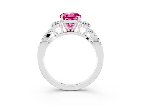 White gold Round Cut Pink Sapphire Three-Stone Ring with Pavé Split Shank and Four-Prong Setting_27