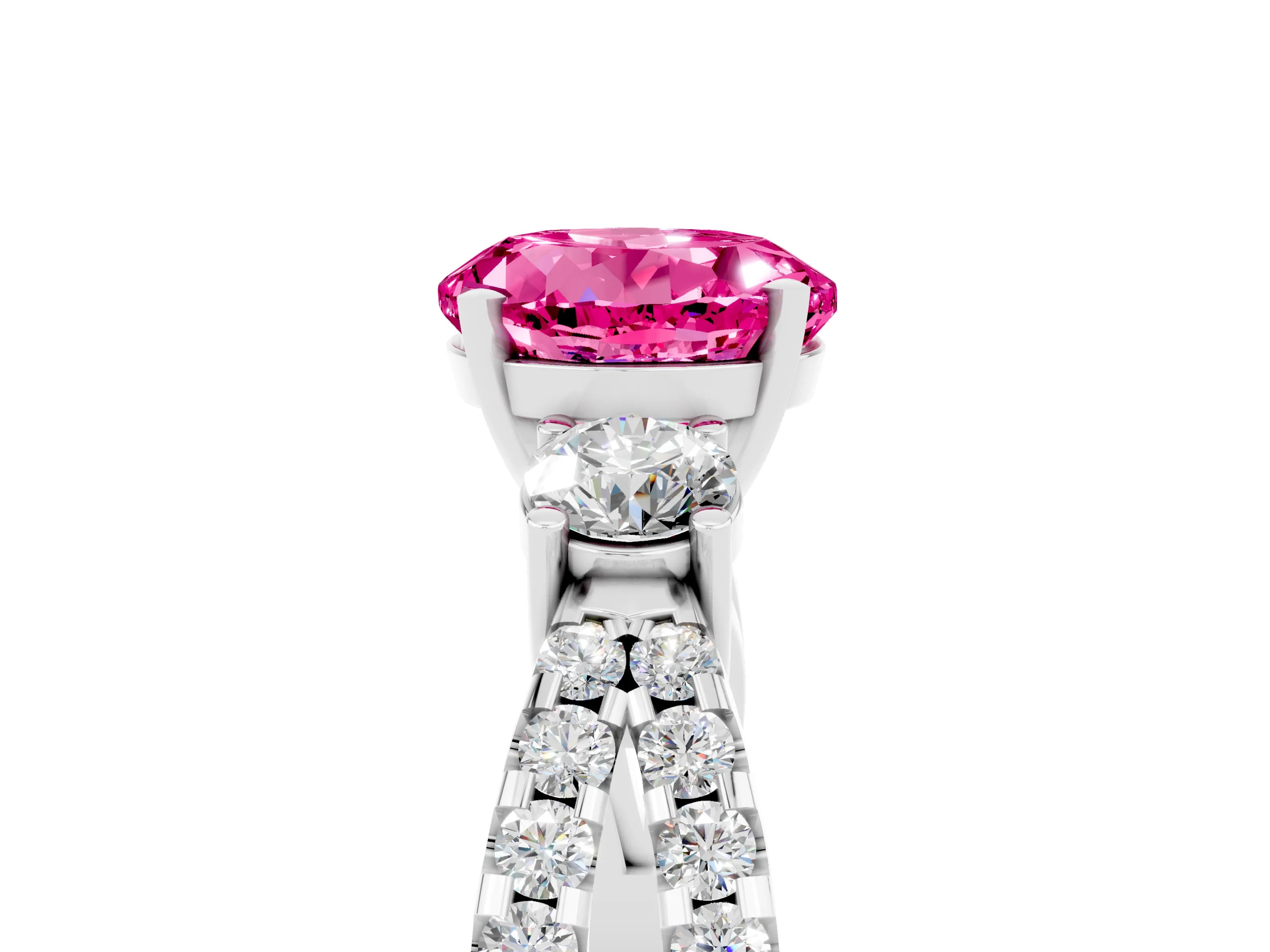 White gold Round Cut Pink Sapphire Three-Stone Ring with Pavé Split Shank and Four-Prong Setting_29