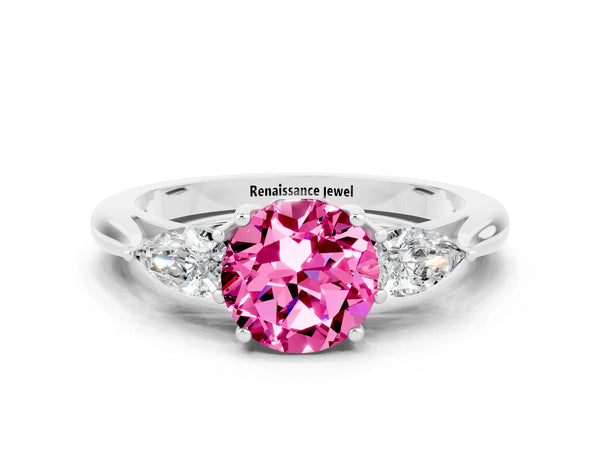 Platinum Round Cut Pink Sapphire Three-Stone Ring with Pear  Side Stones and Prong Setting