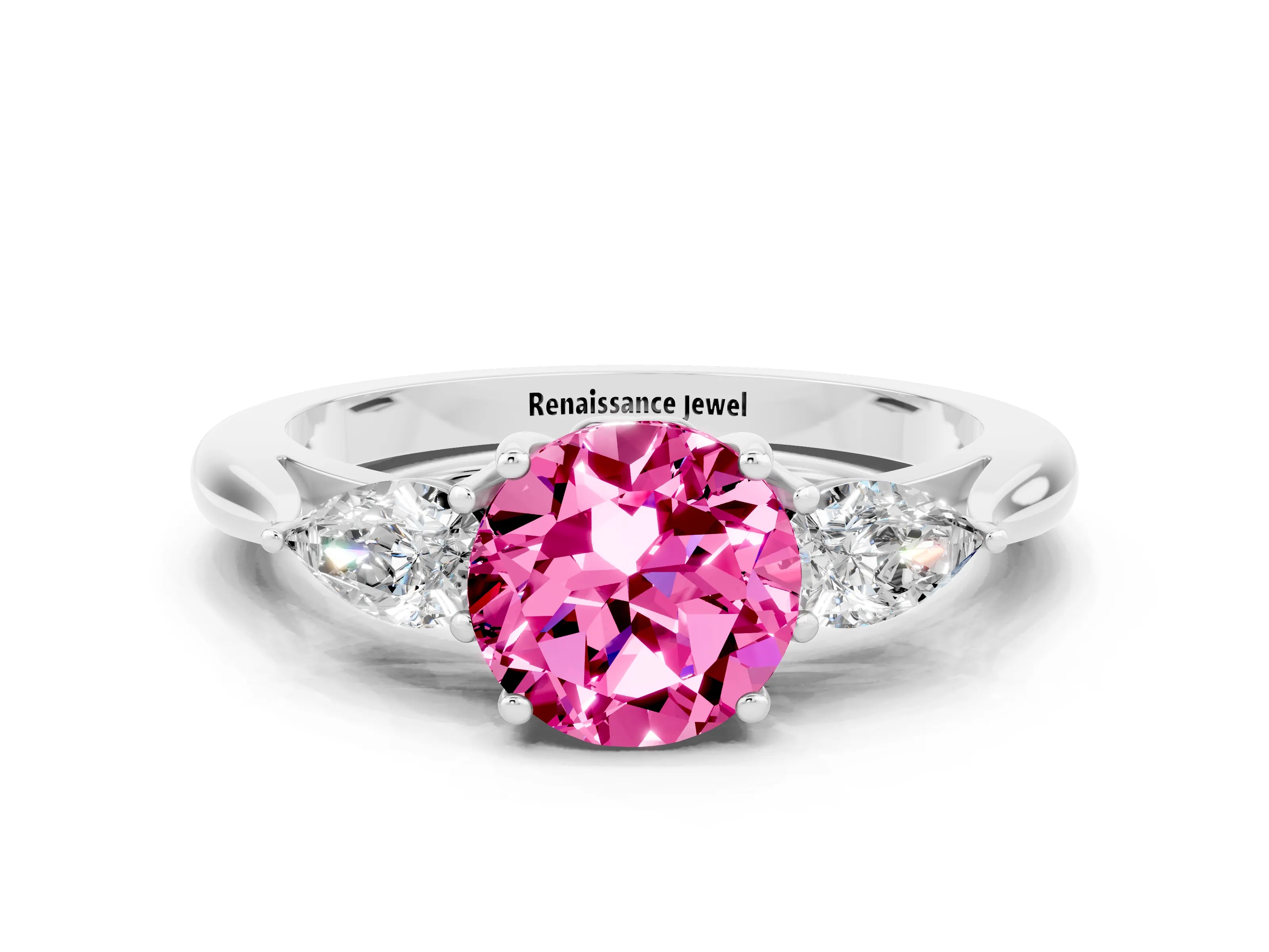 White gold Round Cut Pink Sapphire Three-Stone Ring with Pear Side Stones and Four-Prong Setting_12