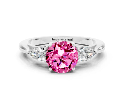White gold Round Cut Pink Sapphire Three-Stone Ring with Pear Side Stones and Four-Prong Setting_12