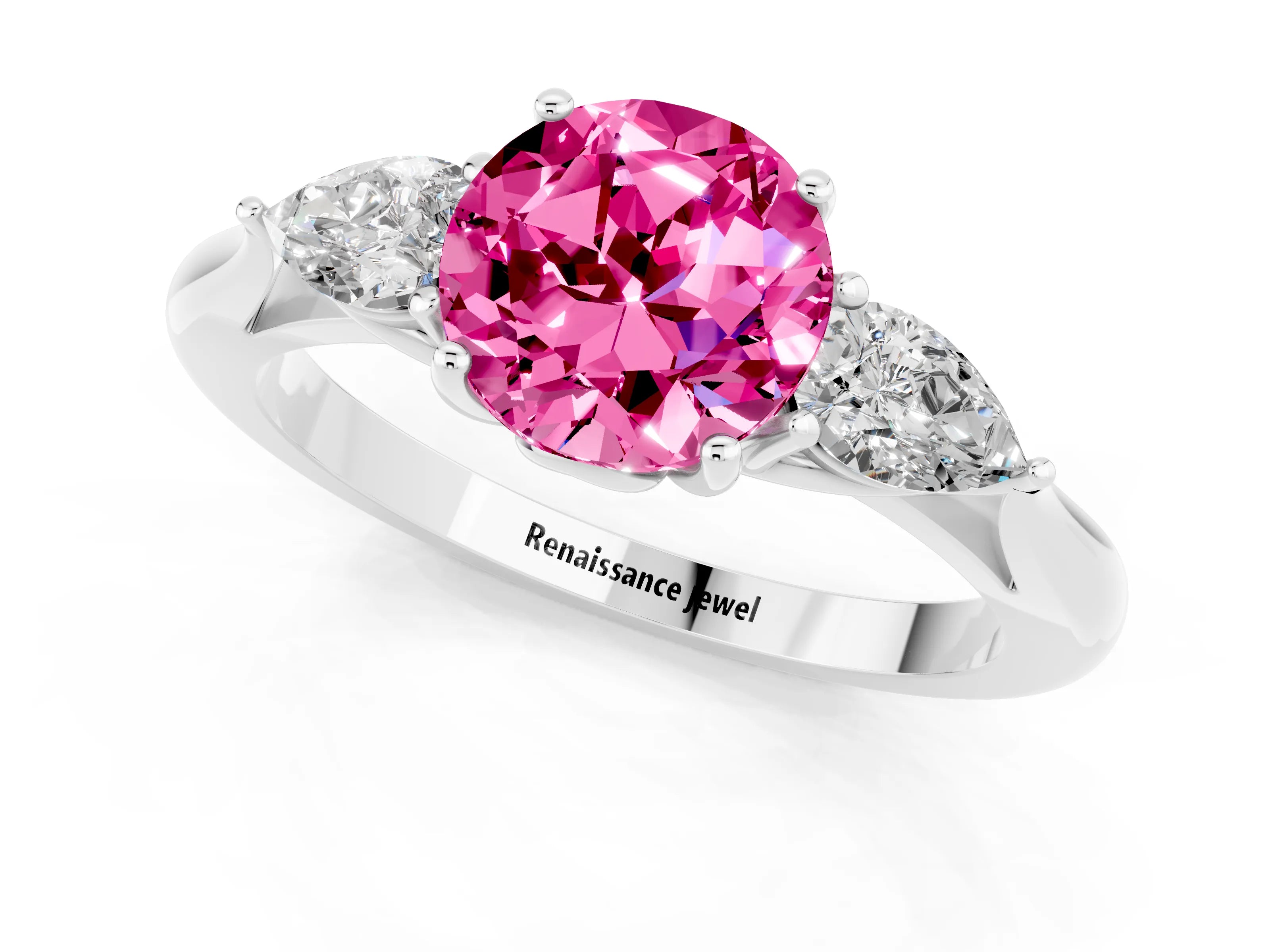 White gold Round Cut Pink Sapphire Three-Stone Ring with Pear Side Stones and Four-Prong Setting_13