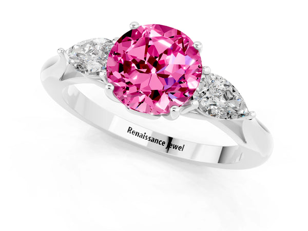 Platinum Round Cut Pink Sapphire Three-Stone Ring with Pear  Side Stones and Prong Setting