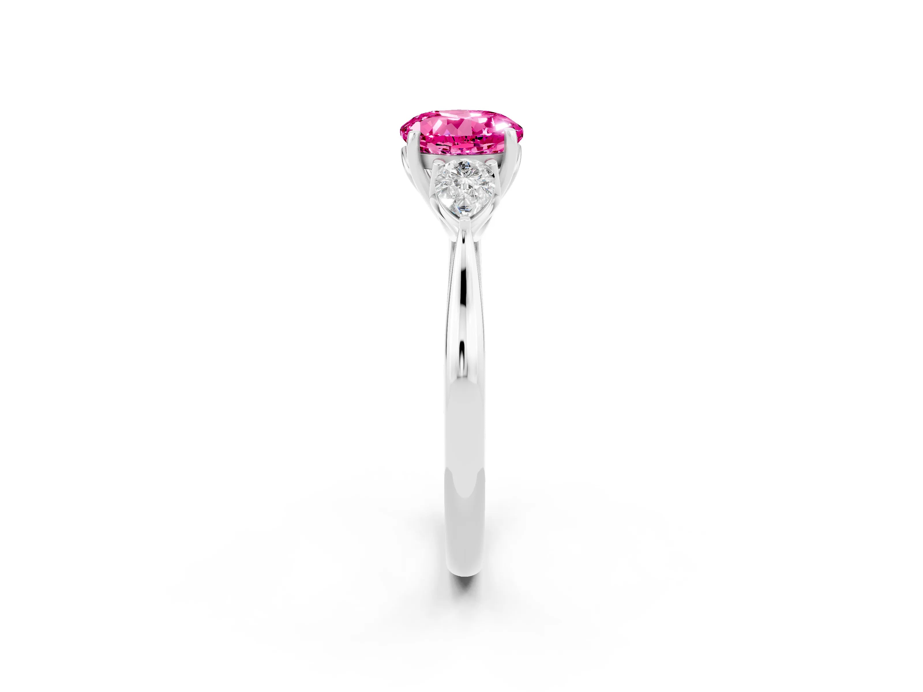 White gold Round Cut Pink Sapphire Three-Stone Ring with Pear Side Stones and Four-Prong Setting_14