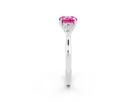 White gold Round Cut Pink Sapphire Three-Stone Ring with Pear Side Stones and Four-Prong Setting_14