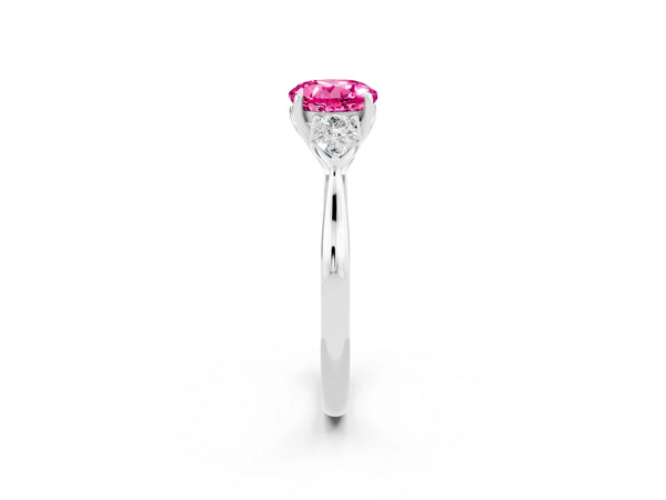 Silver Round Cut Pink Sapphire Three-Stone Ring with Pear  Side Stones and Prong Setting
