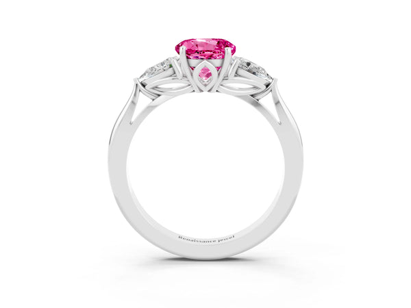 Platinum Round Cut Pink Sapphire Three-Stone Ring with Pear  Side Stones and Prong Setting