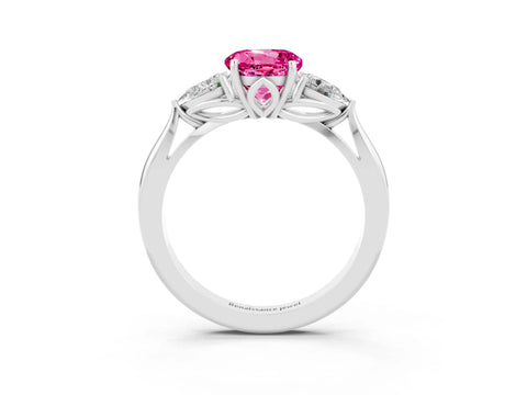 White gold Round Cut Pink Sapphire Three-Stone Ring with Pear Side Stones and Four-Prong Setting_15