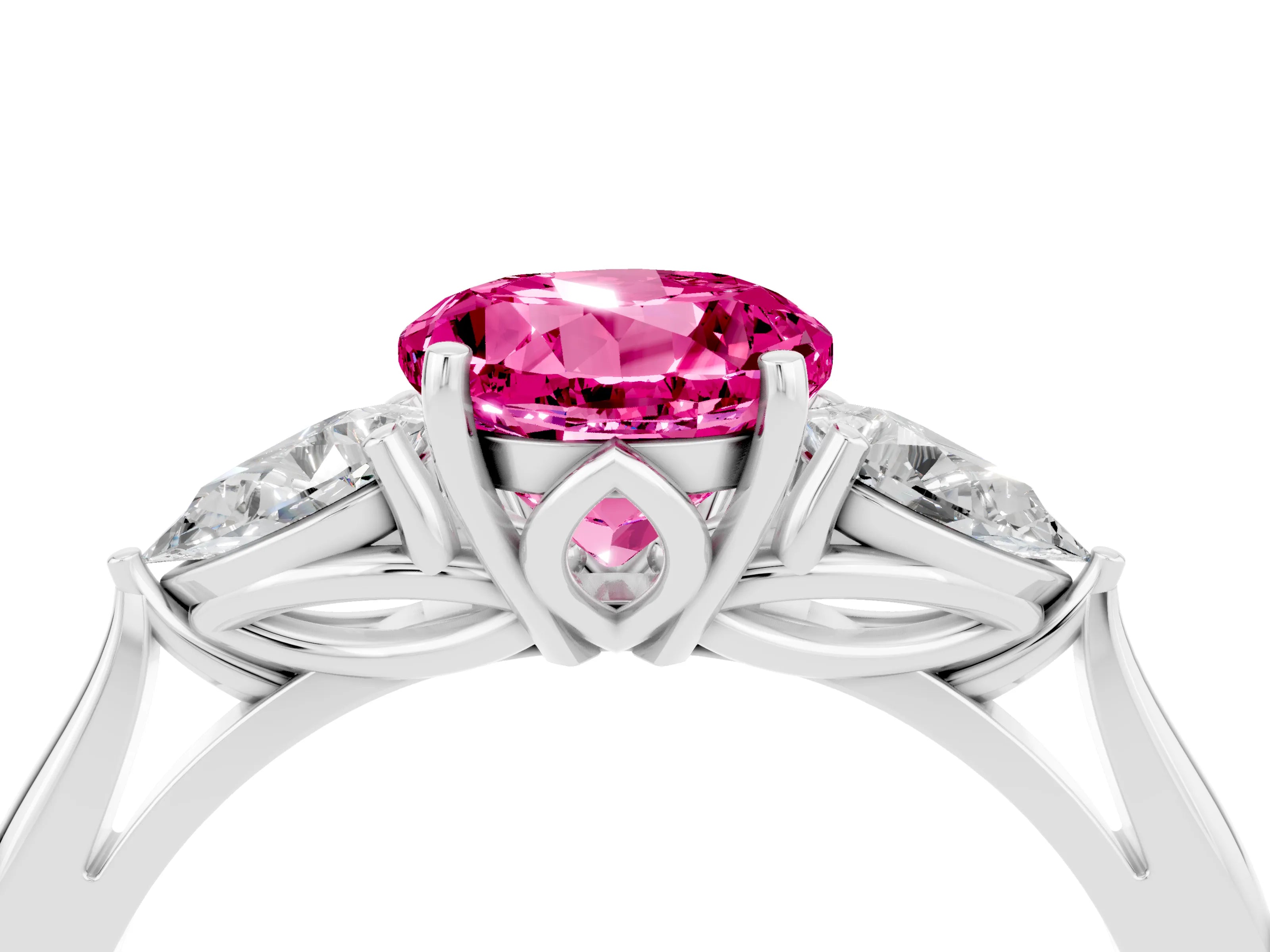 White gold Round Cut Pink Sapphire Three-Stone Ring with Pear Side Stones and Four-Prong Setting_16