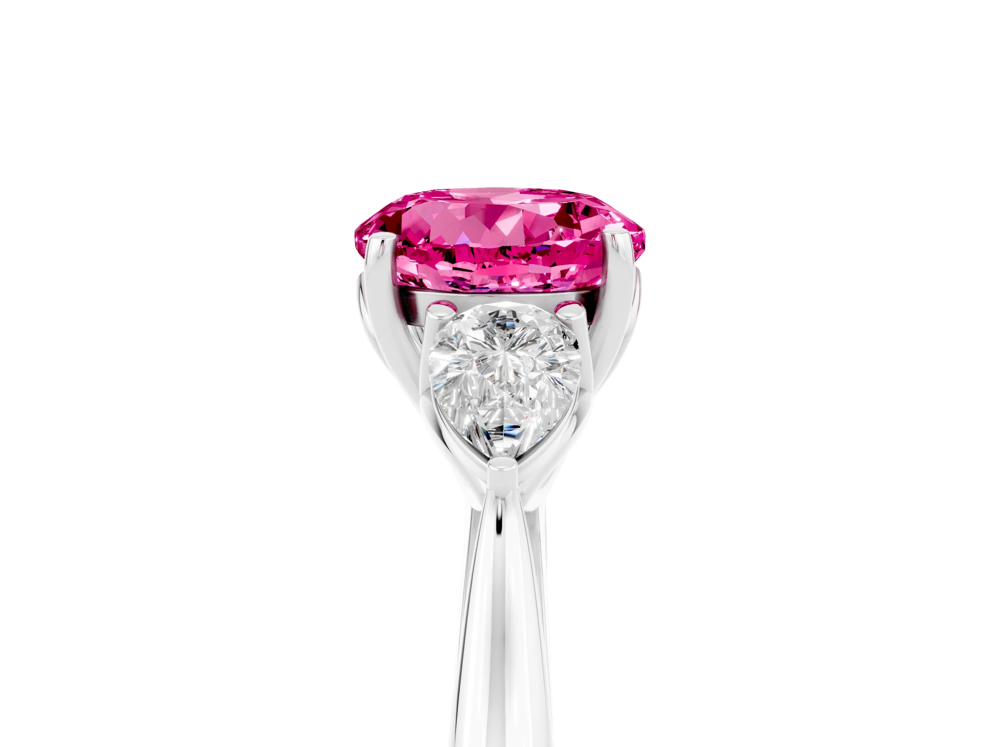 White gold Round Cut Pink Sapphire Three-Stone Ring with Pear Side Stones and Four-Prong Setting_17