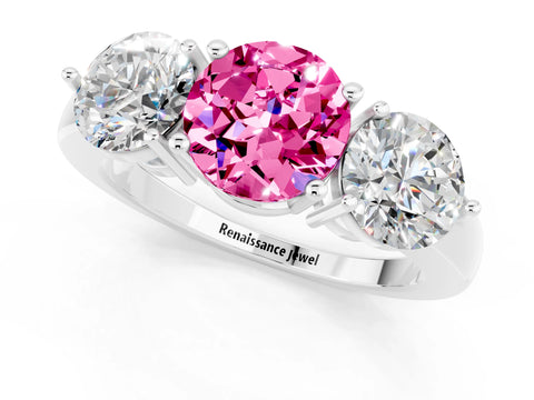 White gold Round Cut Pink Sapphire Three-Stone Ring with Prong Setting and Classic Band_1