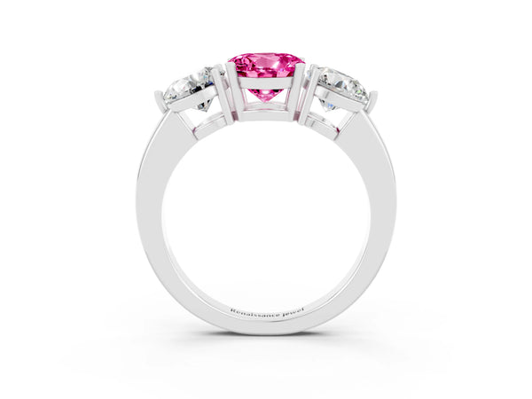 Platinum Round Cut Pink Sapphire Three-Stone Ring with Prong Setting and Classic Band