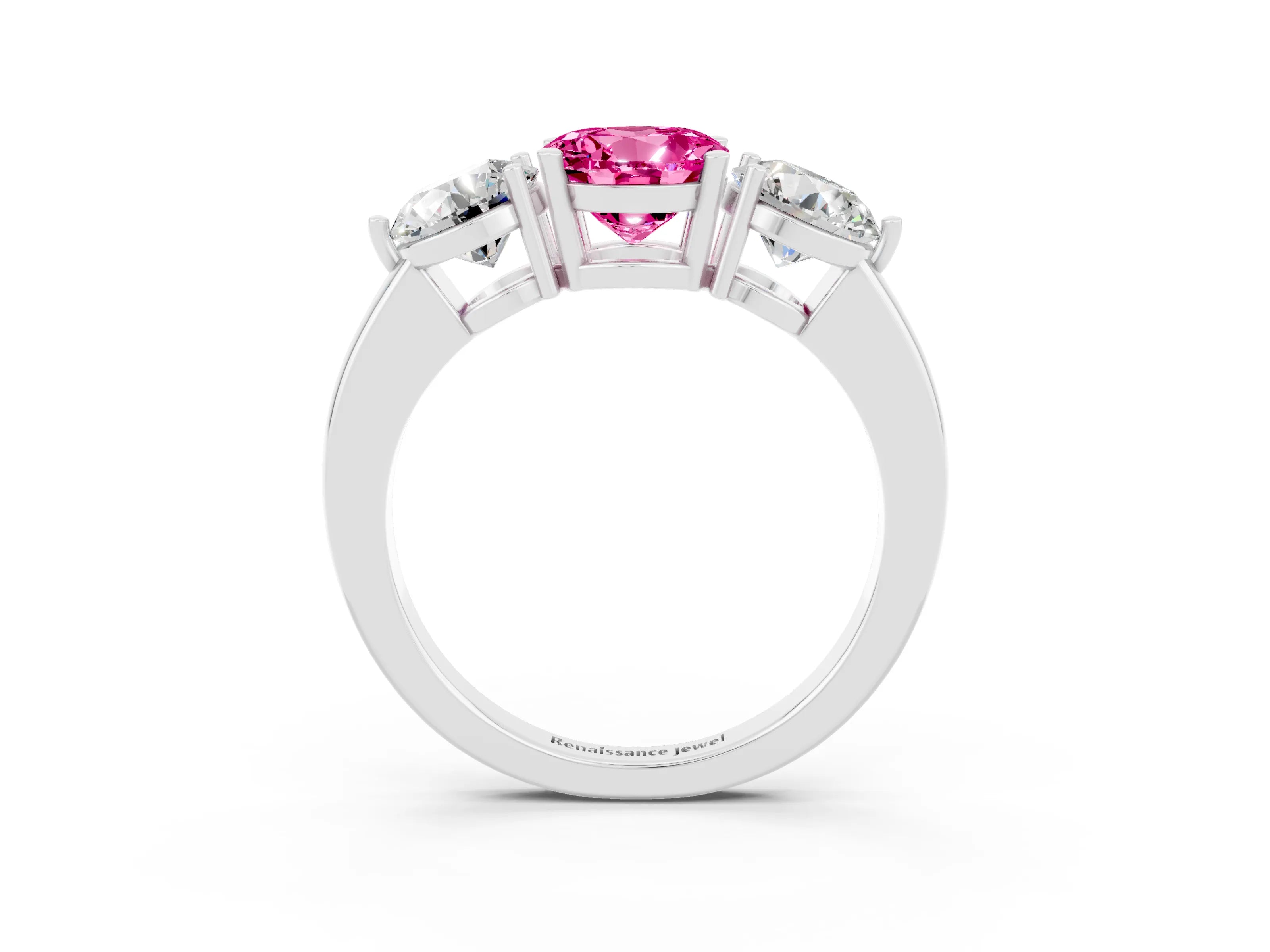White gold Round Cut Pink Sapphire Three-Stone Ring with Prong Setting and Classic Band_3
