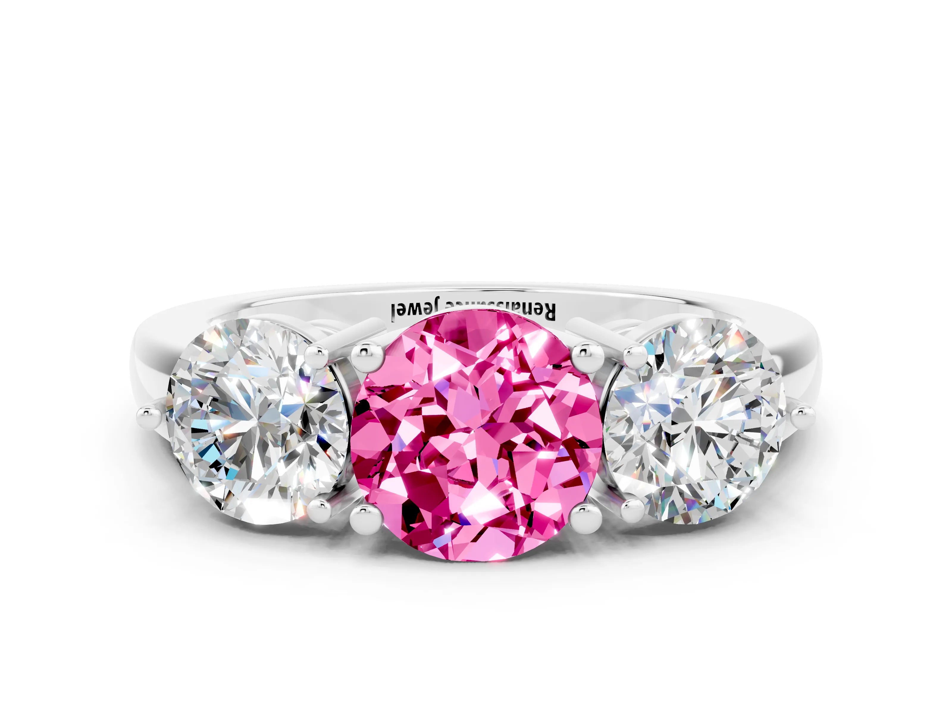 White gold Round Cut Pink Sapphire Three-Stone Ring with Prong Setting and Classic Band