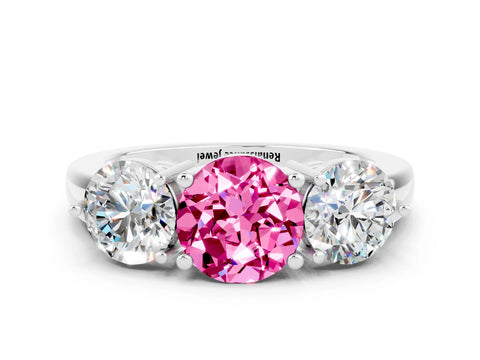 White gold Round Cut Pink Sapphire Three-Stone Ring with Prong Setting and Classic Band