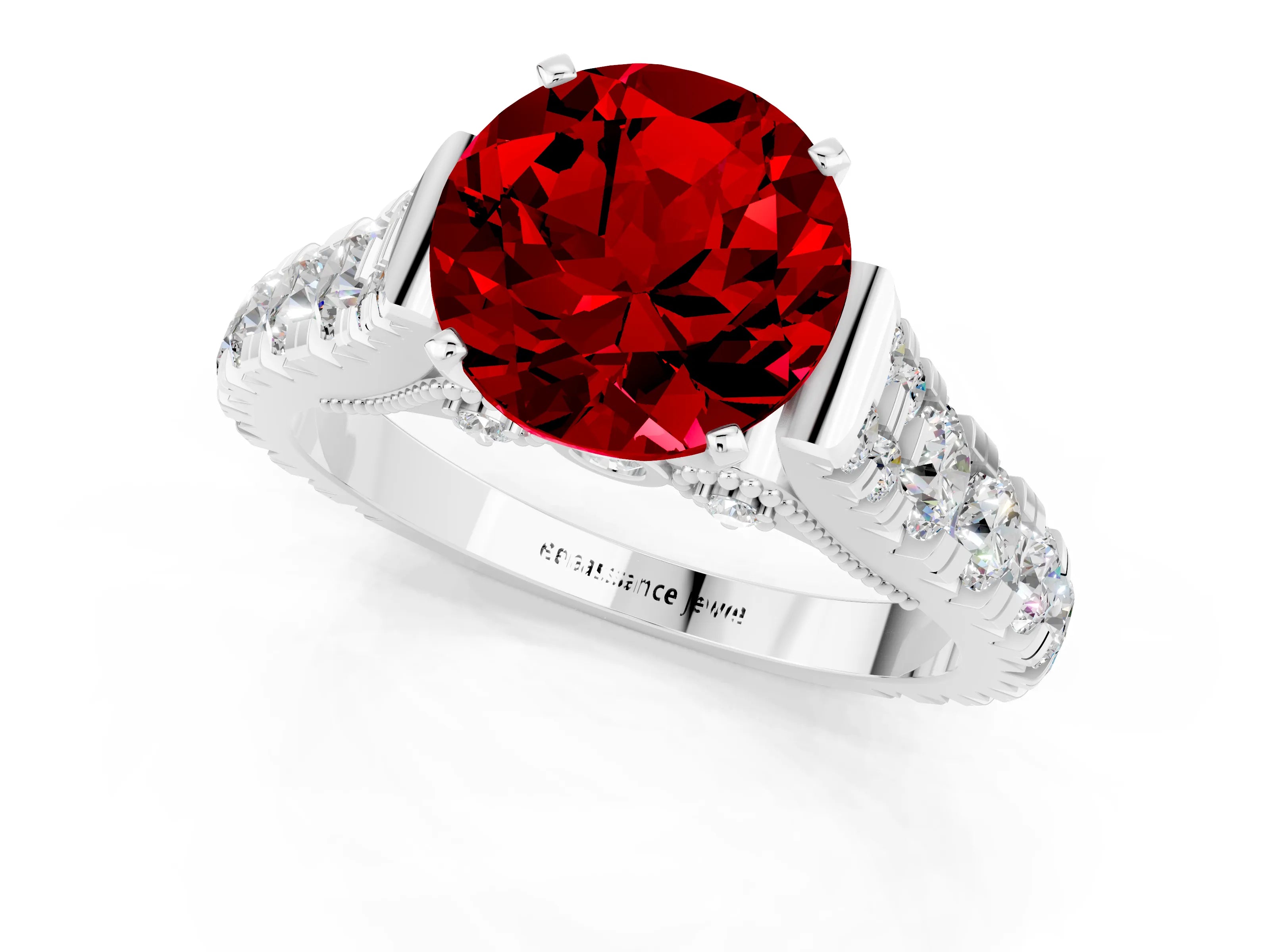 White gold Round Cut Ruby Classic Solitaire Ring with Pavé Band and Four-Prong Setting_1