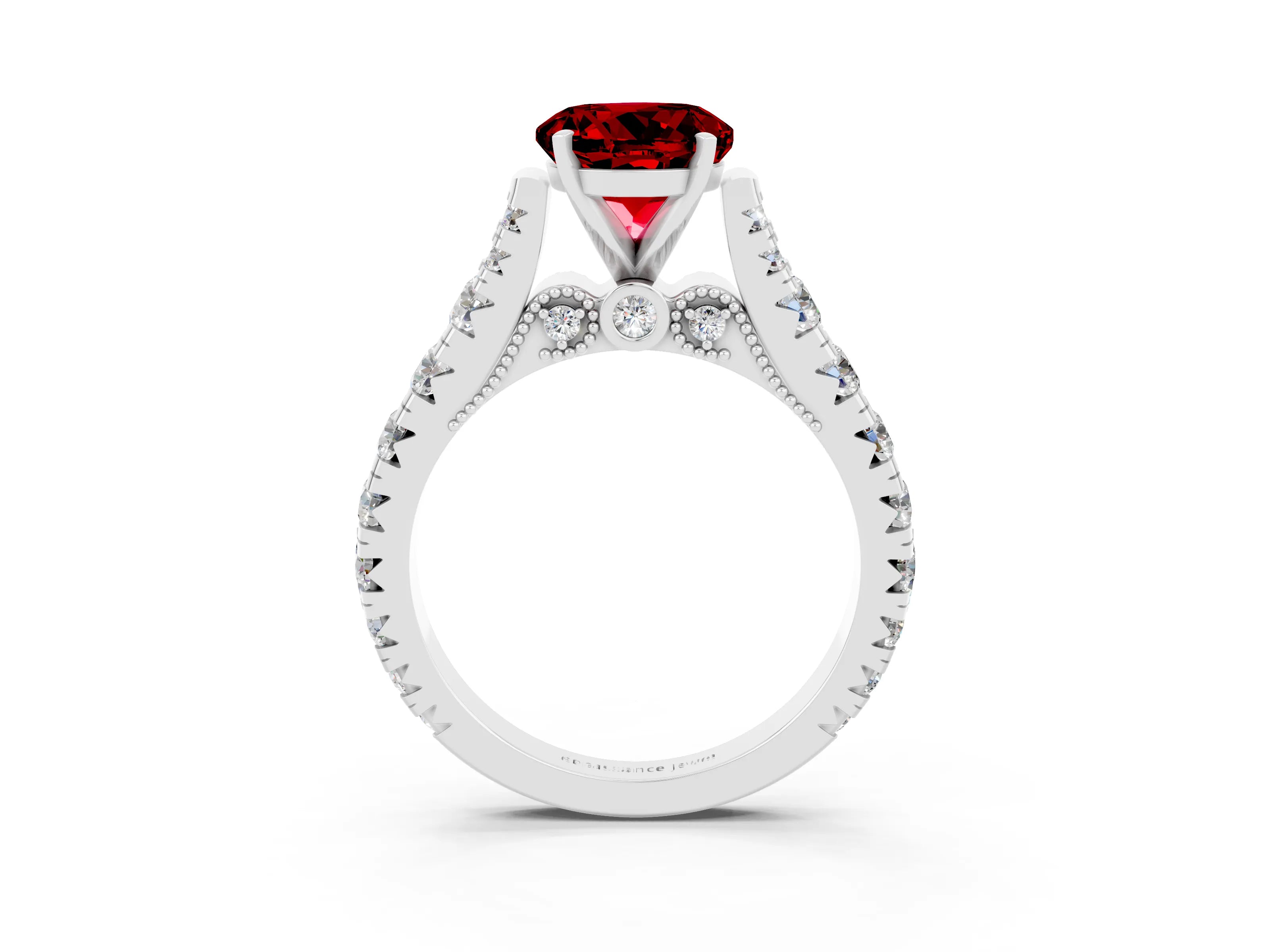 White gold Round Cut Ruby Classic Solitaire Ring with Pavé Band and Four-Prong Setting_3