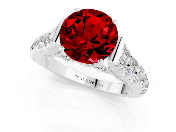 Silver Round Cut Ruby Classic Solitaire Ring with Pavé Band and Four-Prong Setting