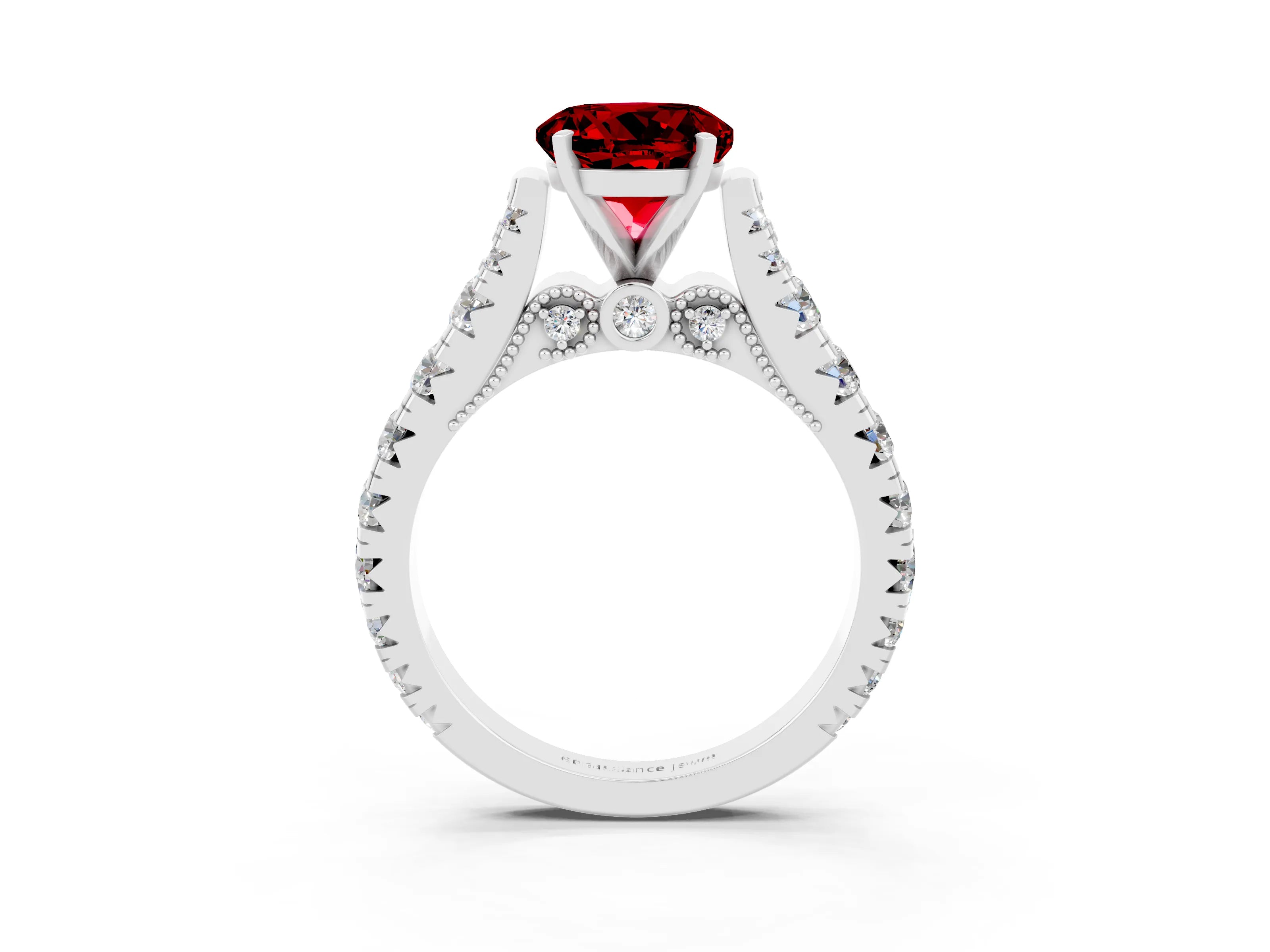 White gold Round Cut Ruby Classic Solitaire Ring with Pavé Band and Four-Prong Setting_9