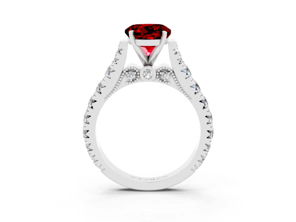 White gold Round Cut Ruby Classic Solitaire Ring with Pavé Band and Four-Prong Setting