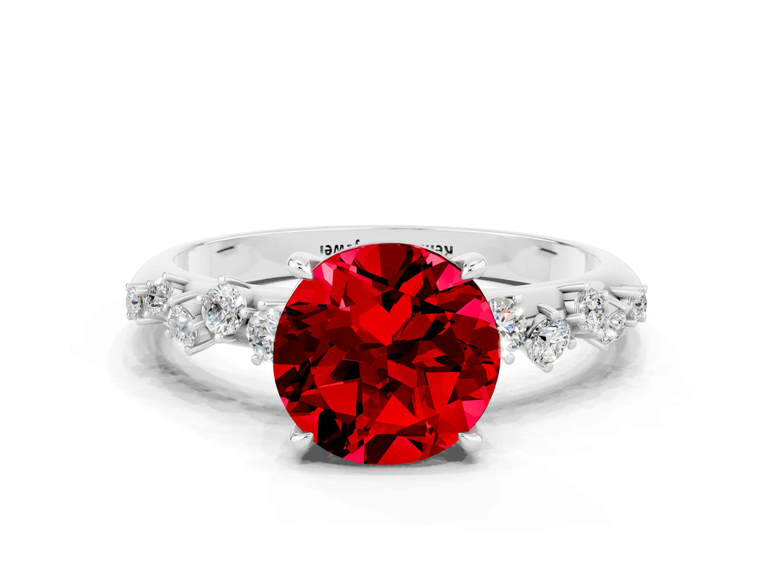White gold Round Cut Ruby Cluster Side Stone Solitaire Ring with Prong Setting_24