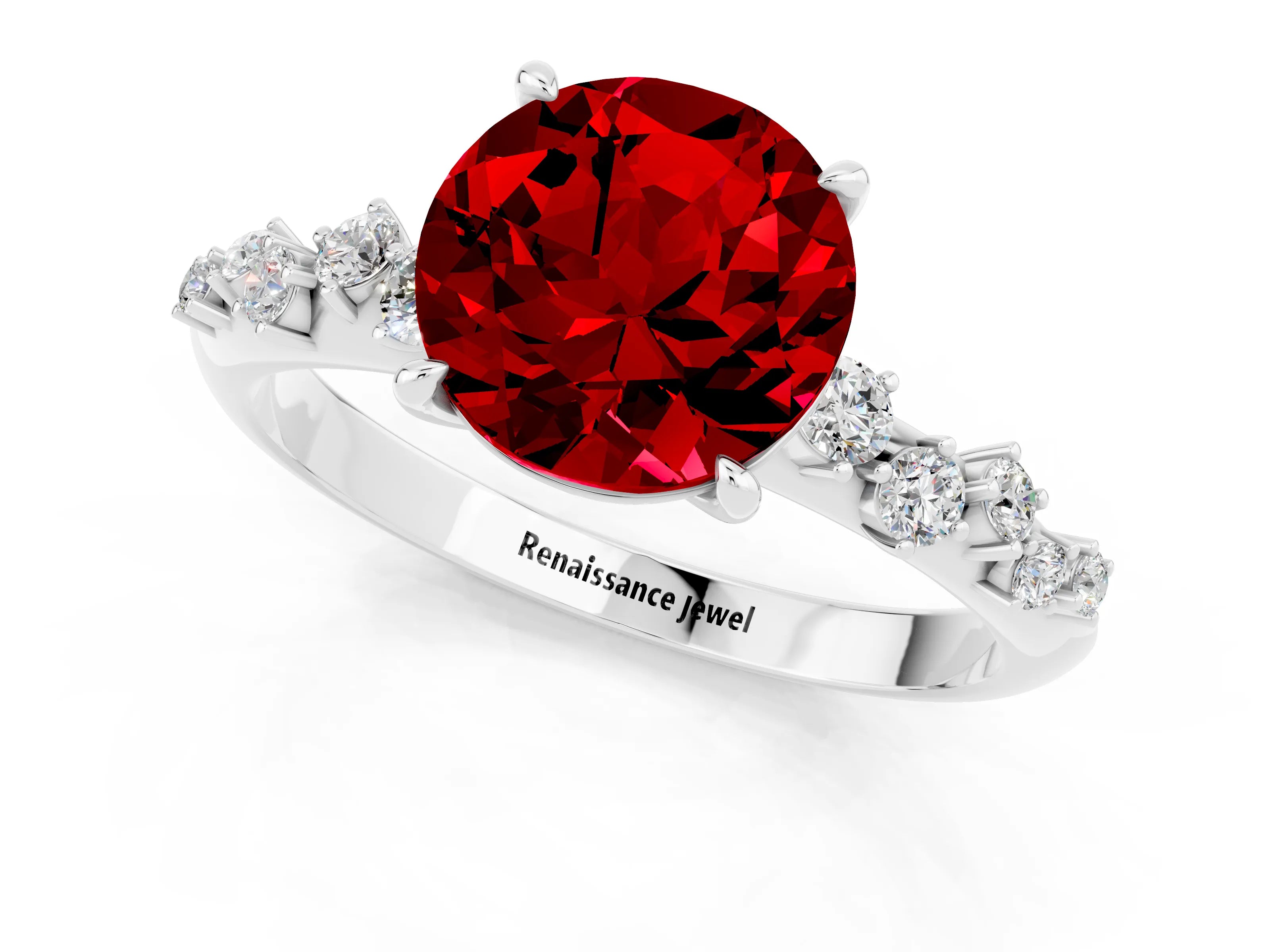 White gold Round Cut Ruby Cluster Side Stone Solitaire Ring with Prong Setting_25