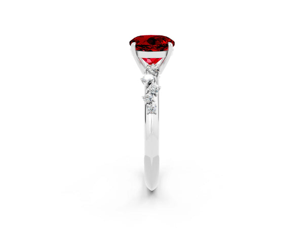Platinum Round Cut Ruby Cluster Side Stone Solitaire Ring with Prong Setting