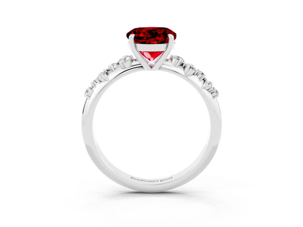 Platinum Round Cut Ruby Cluster Side Stone Solitaire Ring with Prong Setting