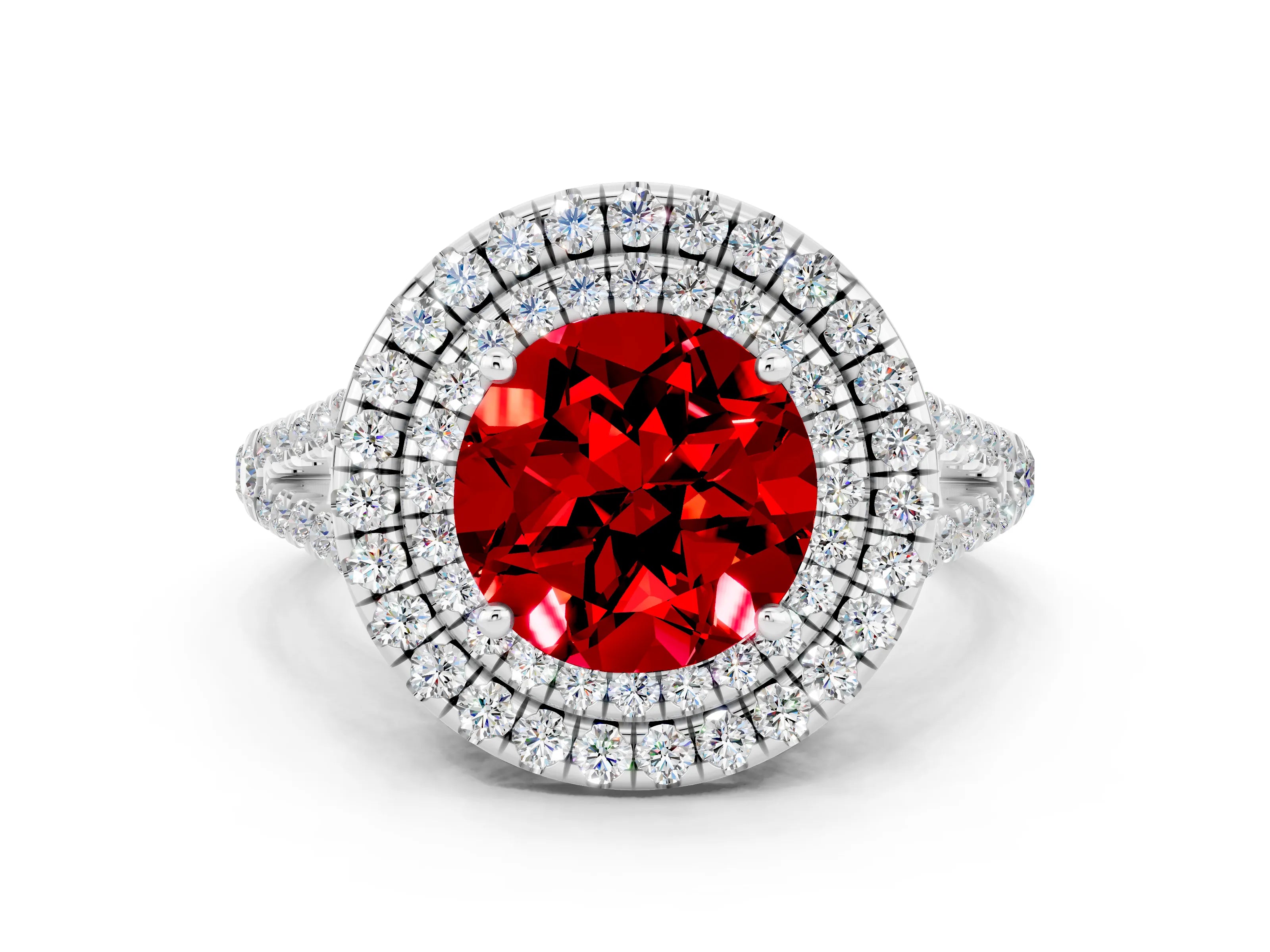 White gold Round Cut Ruby Double Halo Ring with Pavé Band and Prong Setting_12