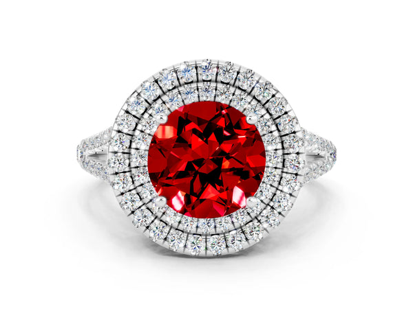 Silver Round Cut Ruby Double Halo Ring with Pavé Band and Prong Setting