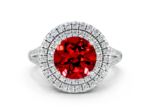 White gold Round Cut Ruby Double Halo Ring with Pavé Band and Prong Setting_12