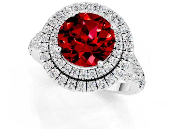 White gold Round Cut Ruby Double Halo Ring with Pavé Band and Prong Setting