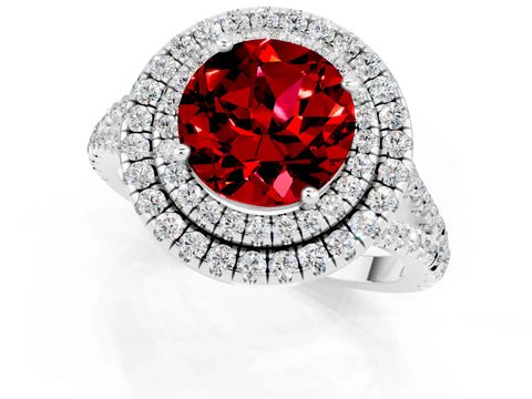 White gold Round Cut Ruby Double Halo Ring with Pavé Band and Prong Setting_13