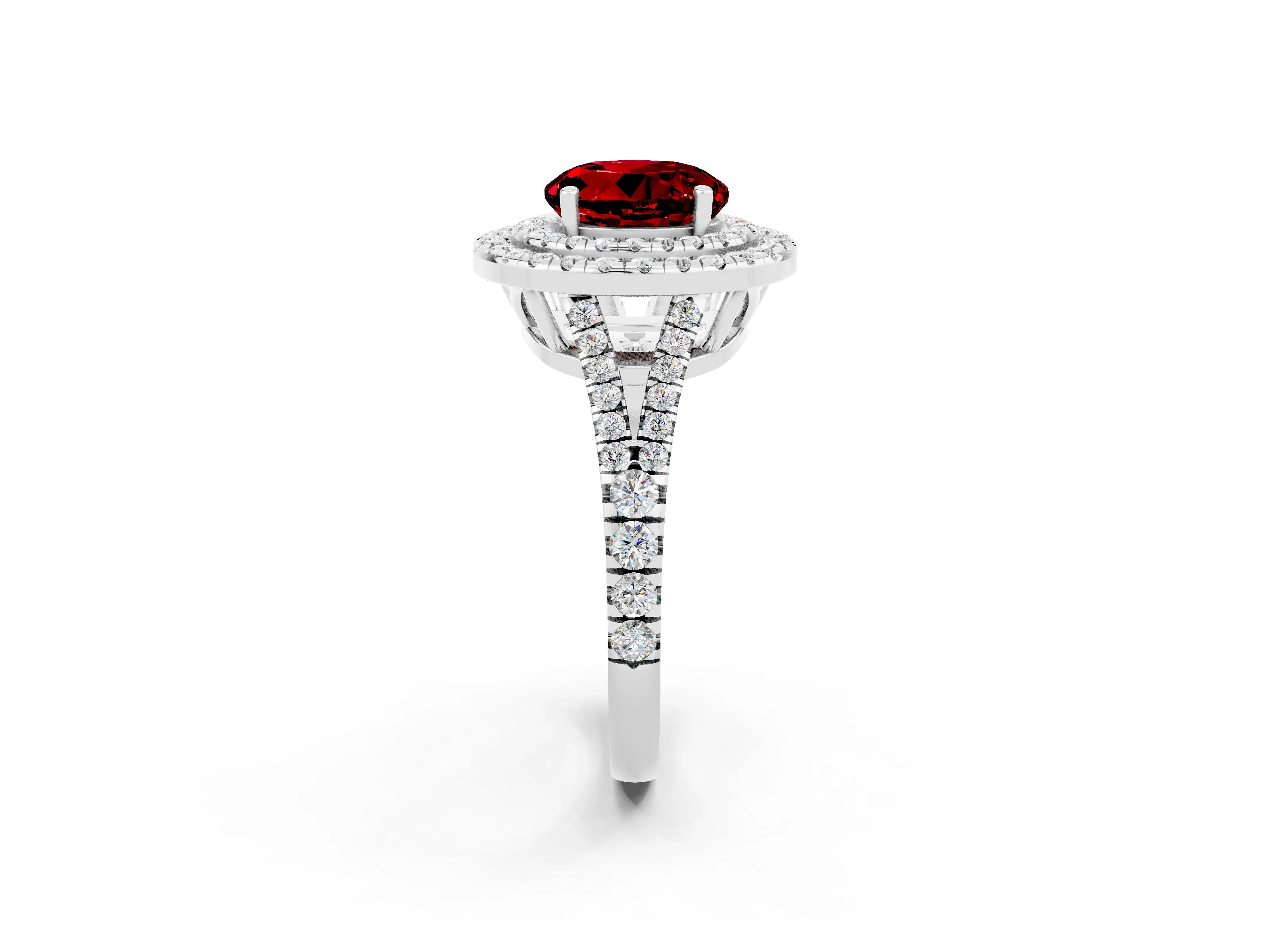 White gold Round Cut Ruby Double Halo Ring with Pavé Band and Prong Setting_14