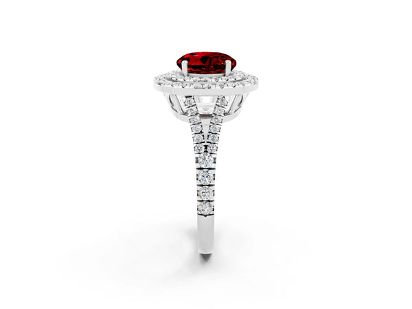 Silver Round Cut Ruby Double Halo Ring with Pavé Band and Prong Setting